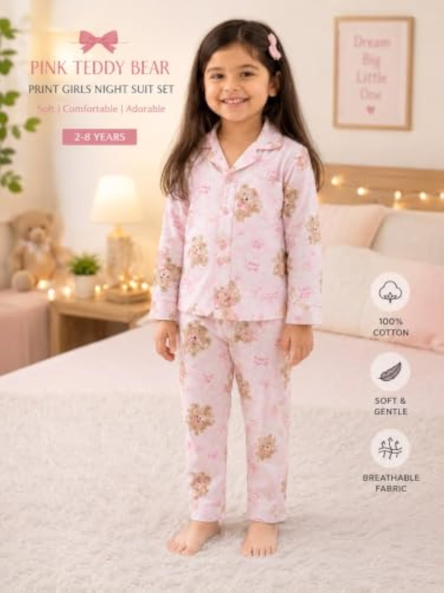 Teddy Bear Print Night Suit Set for Kids, Size 6-7