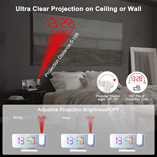 Hanaix Projection Alarm Clock For Bedroom Ceiling, Rgb Digital Alarm Clock For Kids & Adult, Dual Alarm With Snooze, Usb Charging Port,5 Dimmer, 7.3'' Large Led Display-White #TOP2