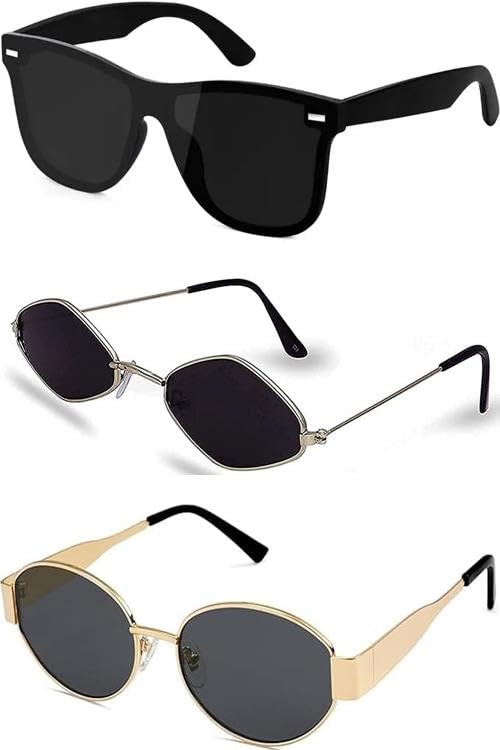 sheomy Unisex combo offer pack of 3 shades Unisex Fashion Sunglasses Set, 3 Pairs, Metal Frame, Black and Silver - Combo3-1828-picture-21