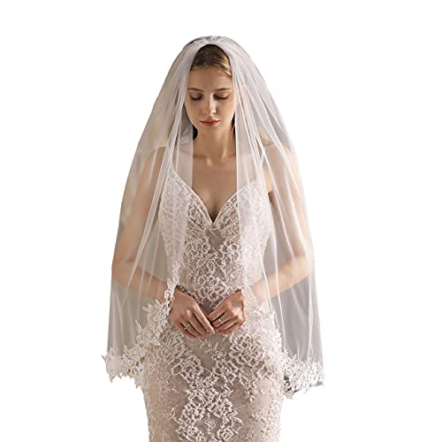 JZJZ Voile de Mariage de mariée 1 Niveau Voiles de mariée Bordure de Dentelle Tulle Coiffes Bijoux de Cheveux Courts Voiles avec Peigne (Blanc) Cover