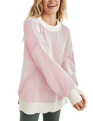 Image of Beyond Chenille Sweater for Women 2026 Winter Crew Neck Pullover Sweater Color Block Knit Tops