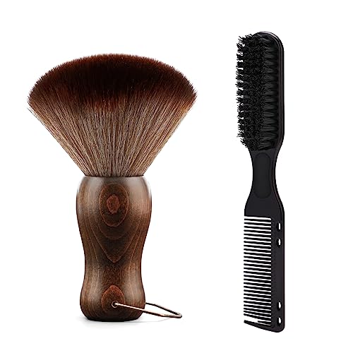 Cepillo plumero de cuello de barbero con mango de madera con gancho para cortar el pelo... (cepillo para el cuello+cepillo de peine negro)