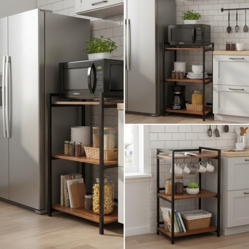 Image of RIZIK STORE 3-Tier Metal & Wooden Microwave Oven Stand - Multipurpose Extra Storage for Kitchen, Coffee Bar, Countertop, Bathroom ((Natural Brown))