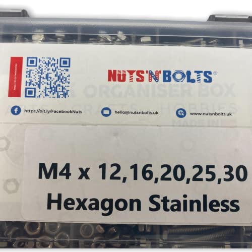 475 ASSORTED PIECE, A2 M4 FULLY THREADED BOLTS NUTS WASHERS SCREWS STAINLESS KIT, Grey, Small - Image 3
