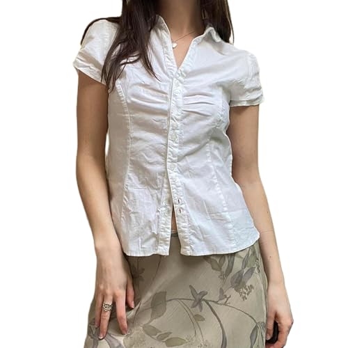 YILEEGOO Women's Basic Button Down Shirts Cap Sleeve Lapel Collar Tight Blouse Tie Up Back Slim Fit Tops Summer Office Shirt (White, S)