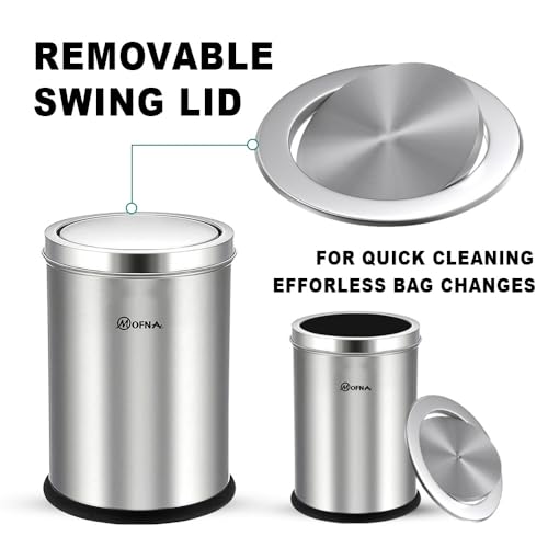 Image of mofna Stainless Steel Swing lid dustbin, Garbage Bin, Trash Can, with removable lid For Home, Kitchen, Bathroom, Office & Commercial Use - 8x12 In -10 Liter, Silver, Pack of 1