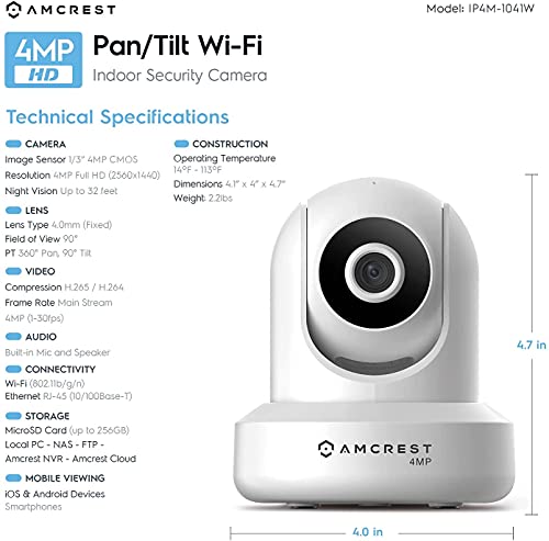 Amcrest 4Mp Prohd Indoor Wifi, Security Ip Camera With Pan/Tilt, Two-Way Audio, Night Vision, Remote Viewing, 4-Megapixel @30Fps, Wide 90° Fov, Ip4M-1041W (White) #TOP2