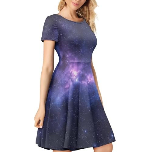 Image of HUGS IDEA Womens Puffy Swing Midi Dress Round Neck Short Sleeve Party A-Line Dresses