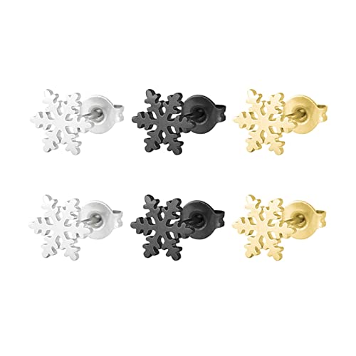 Homxi Clou d'Oreille en Or Noir Argent,3Paires Flocon de Neige Boucle Doreille Femme Acier Inoxydable Cover