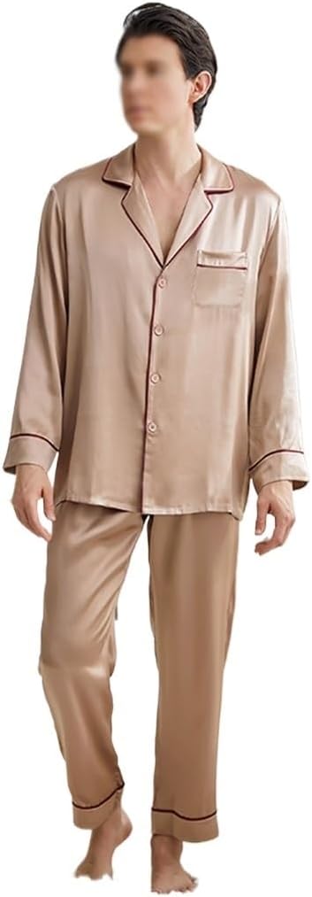 Men's Silk Pajamas With Contrasting Edging And Long Sleeved Pants, Two-piece Set