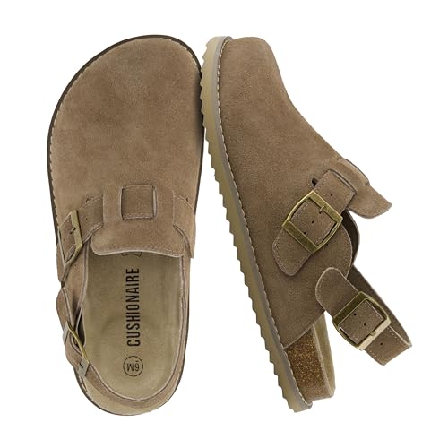 CUSHIONAIRE Brooklyn Suede Womens Slides– Comfortable Clog Mules with Adjustable Buckles – Summer Shoes for Women,TAUPE 8