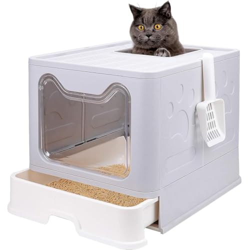 Qpets® Cat Litter Box, Foldable Enclosed Litter Box for Cats Large with Odor Control Door, Anti-Spill Pull-Out Drawer Tray, Easy Clean, Portable Cat Potty for Adult Cats & Kittens, 51x41x38CM, Grey
