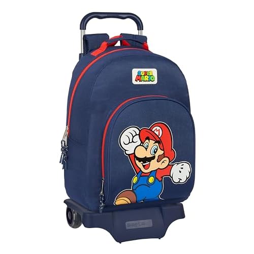 SUPER MARIO WORLD - Mochila Infantil, Modelo 305 con Carro 905, Tejido Reciclable, Ideal para Niños de Diferentes Edades, Cómoda y Versátil, 32x15x42 cm, Color Azul marino
