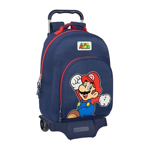 SUPER MARIO WORLD - Mochila Infantil, Modelo 305 con Carro 905, Tejido Reciclable, Ideal para Niños de Diferentes Edades, Cómoda y Versátil, 32x15x42 cm, Color Azul marino