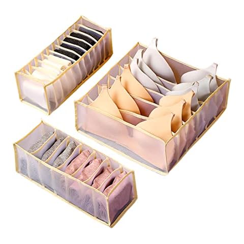 3 Pieces Clothes Drawer Organisers Foldable Socks Storage with Compartments Wardrobe Box Organizer Underwear Mesh Divider for Bras, Baby Clothes, Socks, Ties, Jeans - Beige Cover
