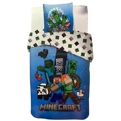 Parure Housse de Couette en Minecraft Coton, Parure de lit Réversible 140x200 cm, Taie d'oreiller 65x65 cm, 100% Coton (Parure Minecraft-b)