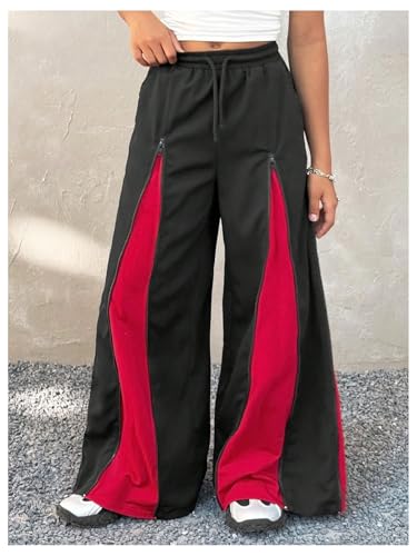 GORGLITTER Girl's Zip Up Track Pants Y2K Color Block High Waisted Baggy Wide Leg Parachute Pants2