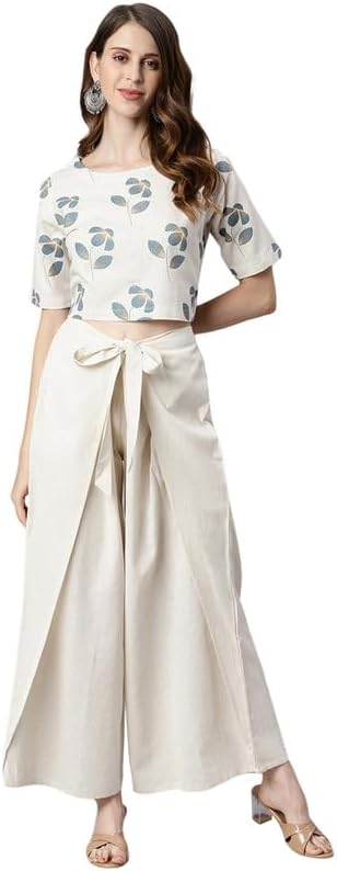 Janasya Women's Cream Cotton Flex Floral Print Crop Top with Palazzo