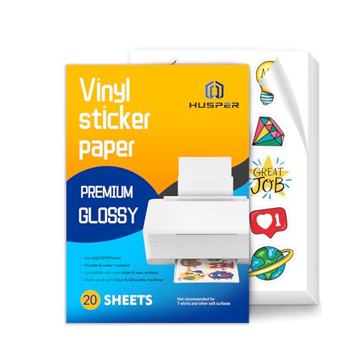 HUSPER Premium Printable Vinyl Sticker Paper for Inkjet Printer - A4 20 Sheets High Glossy White Waterproof Dries Quickly Vivid Colors Holds Ink Well- Tear Resistant