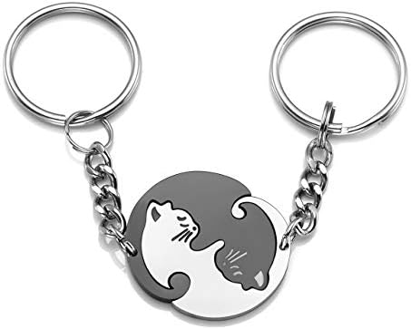 Jovivi 2pcs Stainless Steel Couples Keychains Black White Cat Puzzle Piece Matching Couple Keychain Set Yin Yang Matching Puzzle Keychain His & Her Lover Gift