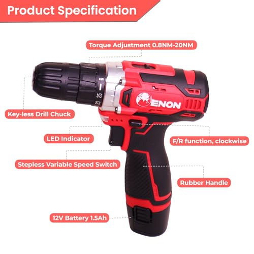 Image of Enon 12V Cordless Drill Machine for Home Use, Compact Cordless Screw Driver, Powerful, 2 Speed, LED, 1500RPM,10mm Chuck, Reversible Switch, Drilling,1500mAh Battery with1 Battery