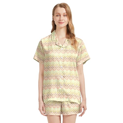 Image of Funny Pajamas for Women Set Print Satin Loungewear Pjs Short Sleeve Button Down Top and Shorts Sets Sleepwear XS-3XL