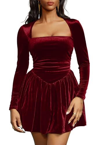 GOBLES Womens Sexy Long Sleeve Square Neck Velvet Bubble Mini Cocktail Party Dress Wine Red