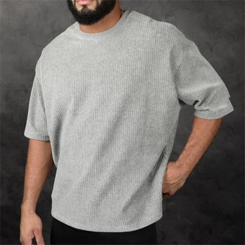 Men's Corduroy Loose T Shirt Summer Crewneck Cotton Running Loose Short Sleeve4