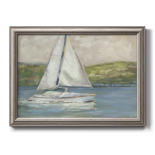 Seascape Wall Art White Sailboats in the Blue Ocean Painting Modern Abstract Artwork for Home Décor Silvery Framed Canvas Prints Wall Decorations for Living Room and Bathroom 20x28 Inch LS005