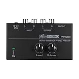 【Preamplificador Phono Preamp Pro】 - Preamplificador de preamplificador phono ultracompacto con carcasa de metal, portátil y duradero. Con perillas de control de nivel y volumen, entrada y salida RCA, interfaces de salida TRS de 1/4 pulg. Viene con un adaptador de corriente para un uso conveniente.