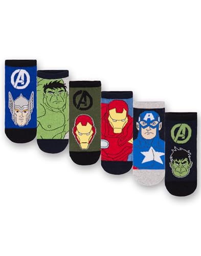 Marvel Avengers Boys 6 Pack Calcetines | Calcetines de personajes atléticos multicolores de superhéroes para niños | Hulk Capitán América Iron Man Thor Calzado Gráfico | Cómodo juego para niños