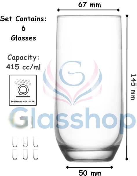 Highball Drinking Water Glasses. Water Juice Cocktail Glass.(415 ml) (Pack of 6)