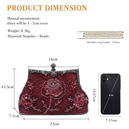 Vintage 1920s Abendtasche Floral Clutch Tasche Damen Handgemachte Perle Handtasche Elegante Schultertasche Kette Umhängetasche Klein Tasche Hochzeit Bankett-Party Abschlussball Tasche Weinrot – Bild 4