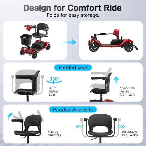 Hoverfly T4 Mobility Scooter for Seniors, Max 12.4-Mile Range & 3.7 mph, 3-Position Seat & Anti-slip Rear Wheel, Removed Battery&Quick Fold Design, Solid 9" Tire &330 lb Capacity, Ease of Assembly Red