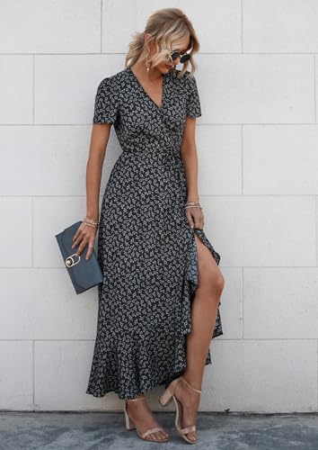 PRETTYGARDEN Women's Summer Maxi Dress Casual Wrap Floral Boho Short Sleeve V Neck Split Ruffle Beach Long Dresses