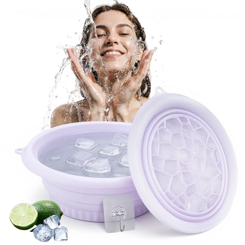 Foldable Face Bowl for Ice with Built-in Ice Tray & Hanging Hook - Collapsible Silicone Facial Bath Bowl for Cold Plunge Therapy, Skin Tightening, Acne Relief - Portable for Home, Travel, Gym(Purple)