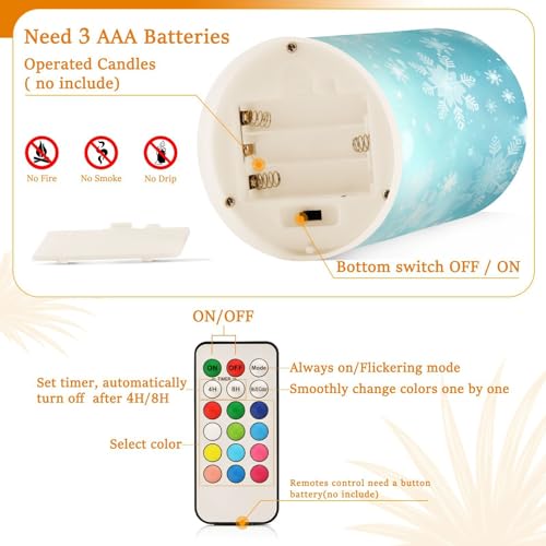 Image of Christmas Lights Flameless Candles Teal Turquoise Snowflake Pillar Candles Set of 2 Battery Operated Remote Control Warm Lights Home Decor