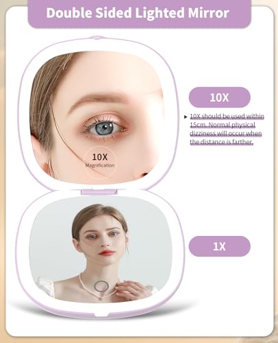 WOBSION Travel Mirror with Light for Makeup 1x/10x Magnifying Compact Mirror for Handbag 10cm Rechargeable Pocket Mirrors - Image 2