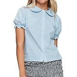 Occasions : jolies chemises courtes esthétiques pour femme, haut coquette, chemise à boutons à col Peter Pan Y2K, haut esthétique à coupe ajustée, haut court mignon avec bordure en dentelle, haut col Peter Pan Y2K, chemise élégante à manches courtes pour femme adaptée pour les loisirs, le quotidien, les rendez-vous, le shopping, la rue, le bureau, etc. Parfait pour l'été