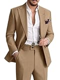 Mens Linen Suit 2 Piece Blazer Pants Set Suits Slim Fit Casual Beach Wedding Groomsmen Tuxedo Suit Khaki Medium