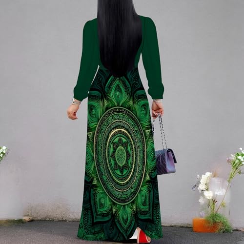 Image of Women's Plus Size Maxi Dresses Long Sleeves V Neck Floral Print Bohemian Swing Long Dress with Belt