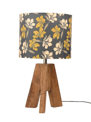Image of Green Girgit Decorative Tri-Leg Stand Wooden Table Lamp with Black Floral Multicolor Shade Bedside & Reading Night Lamp for Bedroom, Living Room & Home Decor | Warm Ambient Light