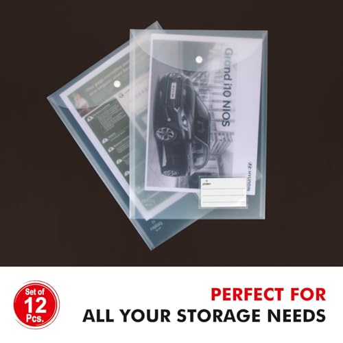 Image of POLEN 12 Pcs Vertical Transparent Button Bag,Folder with 40 Microns Poly Plastic File Folders-FS Letter Size,Snap Closure,Waterproof and Organizer Bags for School,College,Office and Etc.(White)