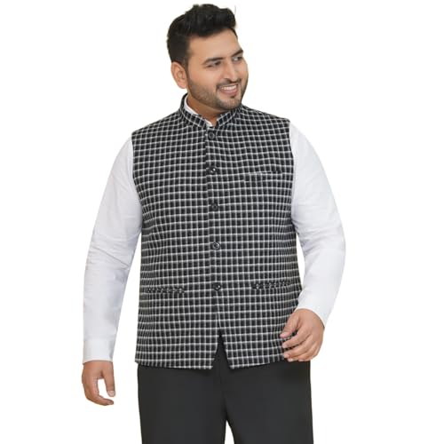 Image of JOHN PRIDE Plus Size Men Checked Tweed Black Nehru Jacket (JPNJ7513 Black)