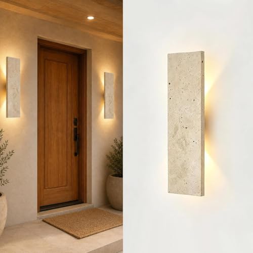 Image of Stone Lamp Wall Lamp, Square Travertine LED Wall Sconce, Natural Stone Fixture for Bedroom Bathroom Living Room,Warm White Indoor Outdoor Covered Exterior Light(32cm)