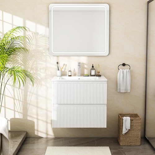 Wumagin Meuble Salle de Bain avec Vasque 60 cm, Meuble sous Vasque Suspendu avec 2 Tiroirs, Lavabo Céramique, Façade à Rainures Modernes pour WC Invités et...