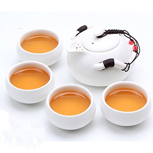 8 Pcs Portable Travel Chinese Kungfu Porcelain Tea Set 1 Teapot & 4 Teacups & Bamboo Tea Tray & Tea Mat &Tea Clip & Storage Bag #TOP1