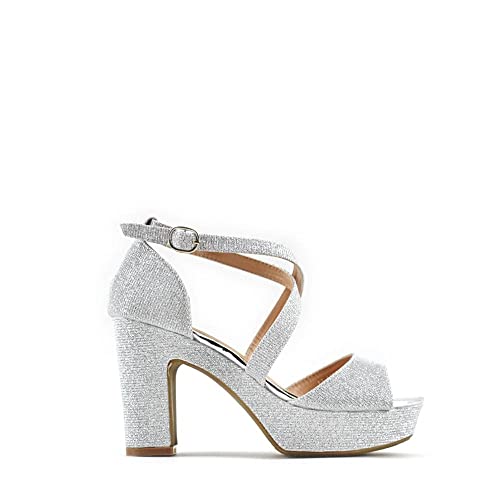 MODELISA - Sandalia Tacón Ancho Brillo Con Plataforma Tiras Cruzadas Punta Abierta Fiesta Mujer (Plata, numeric_38)
