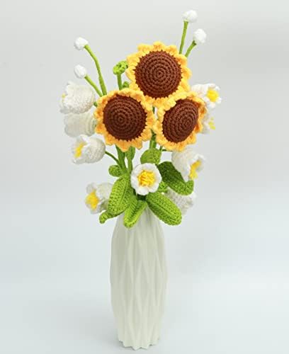 LANDRHYTHM Knitting Crochet Flower Bouquet Handmade Sunflower Decor by Cotton Artificial Flowers Bouquet Handmade Convallaria majalis Linn Home Decor Girl Gift