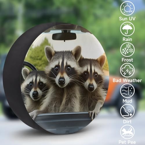 Image of Spare Tire Cover Raccoon Driving Car Wheel Covers Protectors Waterproof Dust-Proof Universal Fit Trailer, RV, SUV and Many Vehicle 15 Inch